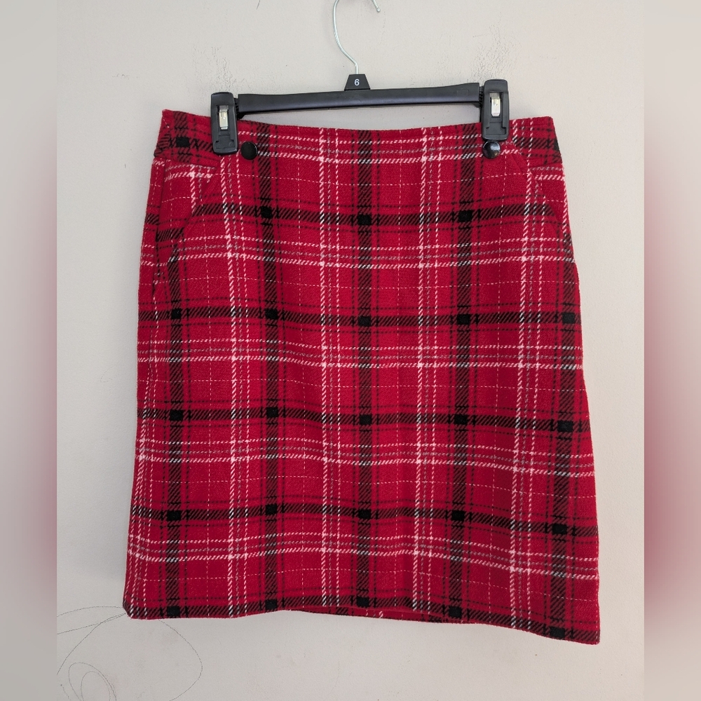 Talbots Plaid Wool Red Pencil Skirt Size 8